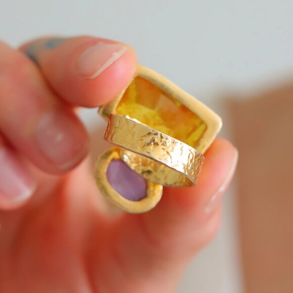 Baltic Amber And Amethyst Gold Ring- 14k Gold Plated s925 - Picture 4 of 8